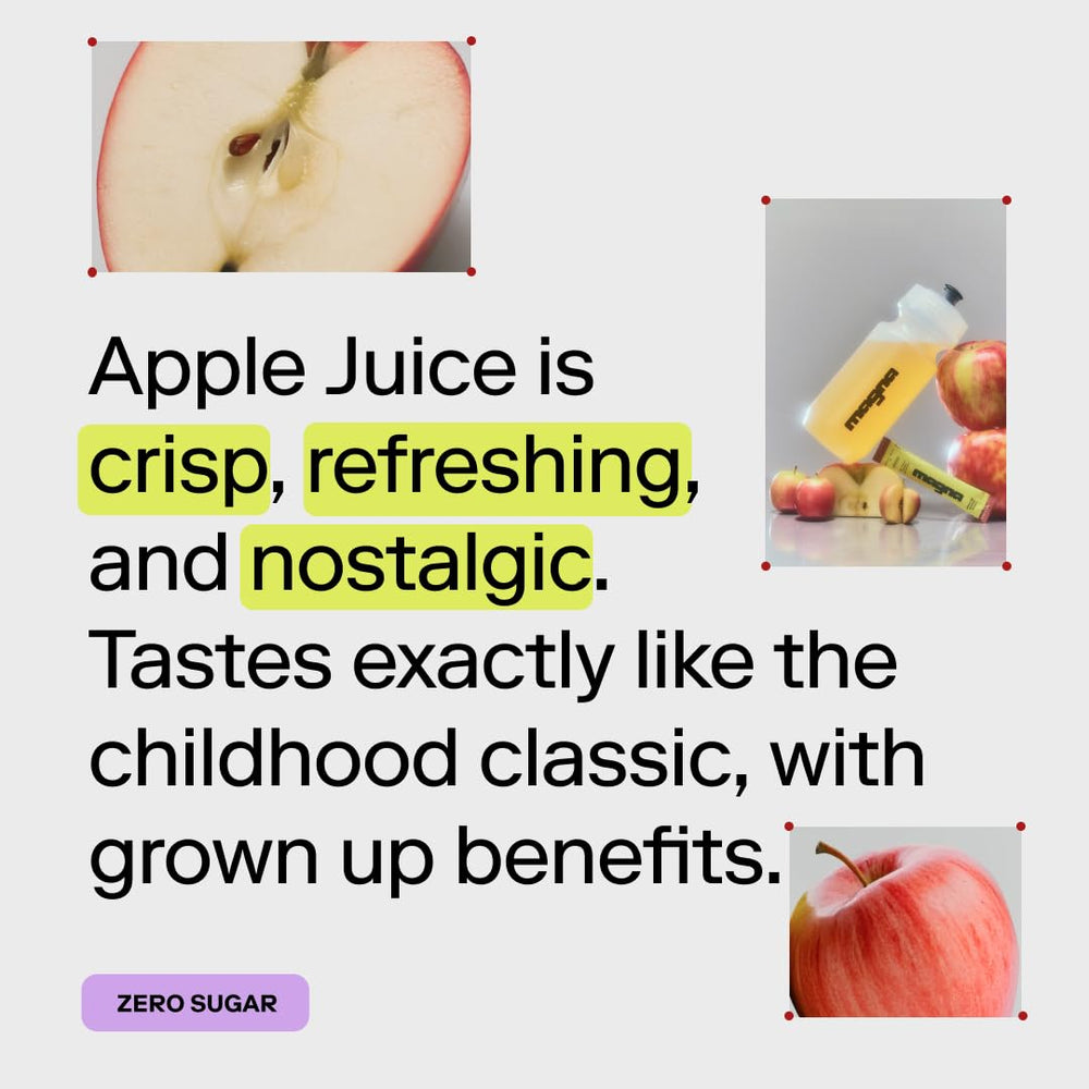 Magna Electrolytes powder in glass with apple flavor highlights hydration taste.