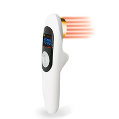 Magnetoe pain relief device in use demonstrating targeted red light therapy.