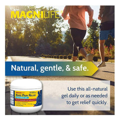 MagniLife knee pain gel being massaged around the knee for targeted comfort.