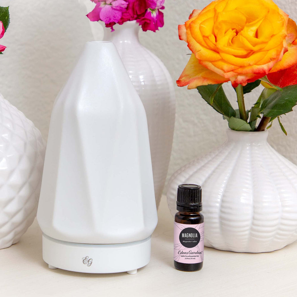Magnolia essential oil diffuser setup highlighting a serene, fragrant atmosphere in a cozy space.