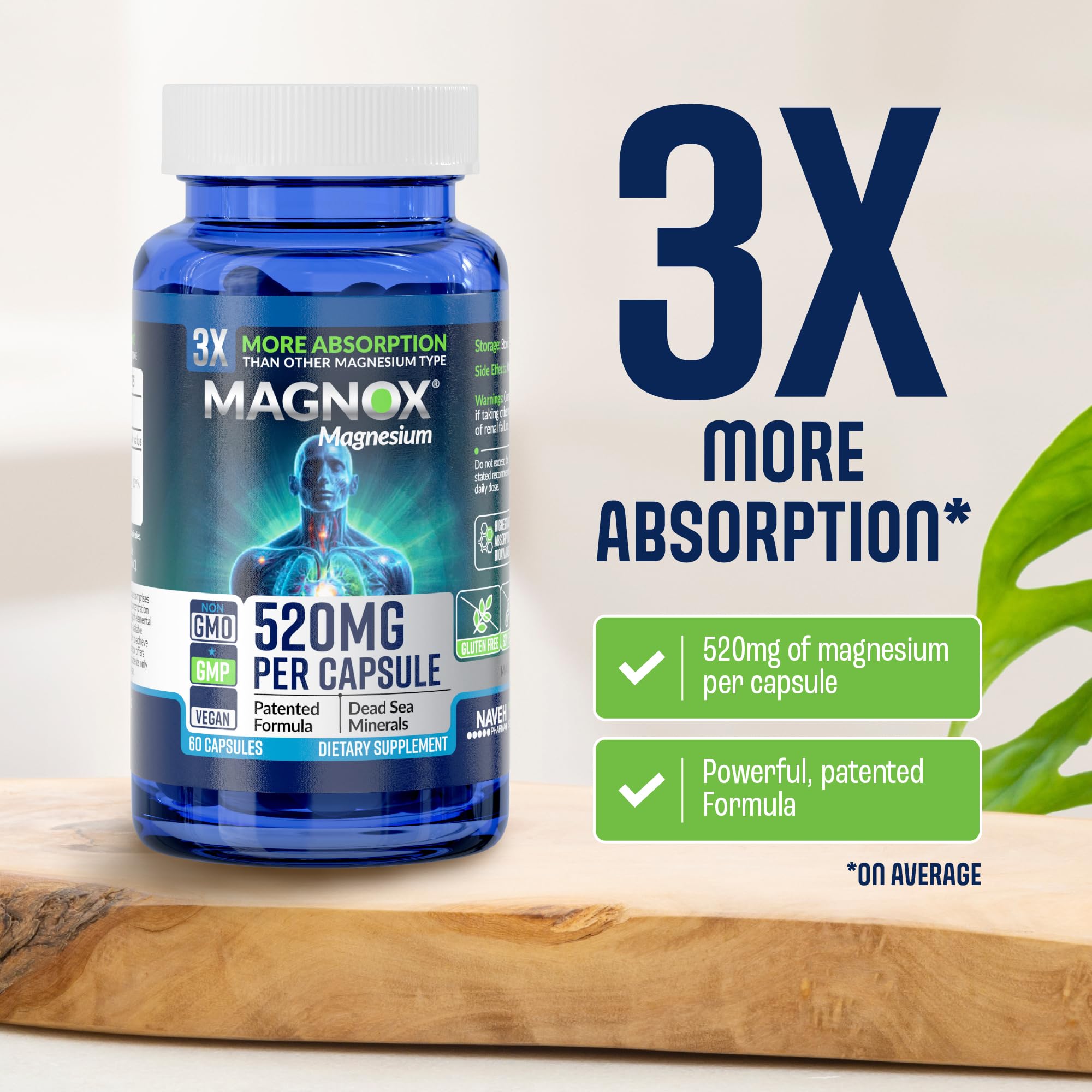Magnox 520 capsules close-up shows vegan formula for clean nutrition.