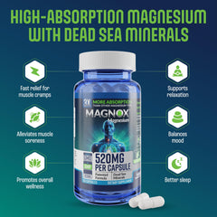 Magnox 520 Dead Sea minerals graphic illustrates mineral blend for bio-availability.