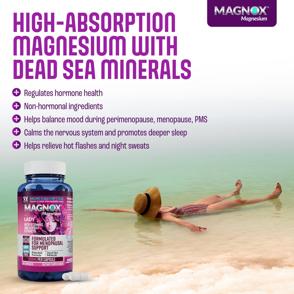 MAGNOX Lady ingredient panel highlights Dead Sea minerals and B vitamins for balance.