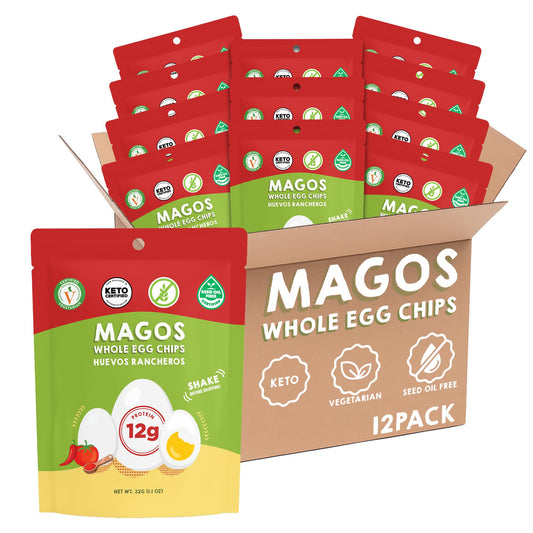 Magos Egg Chips Huevos Rancheros bag showing bold, on-the-go crunch.