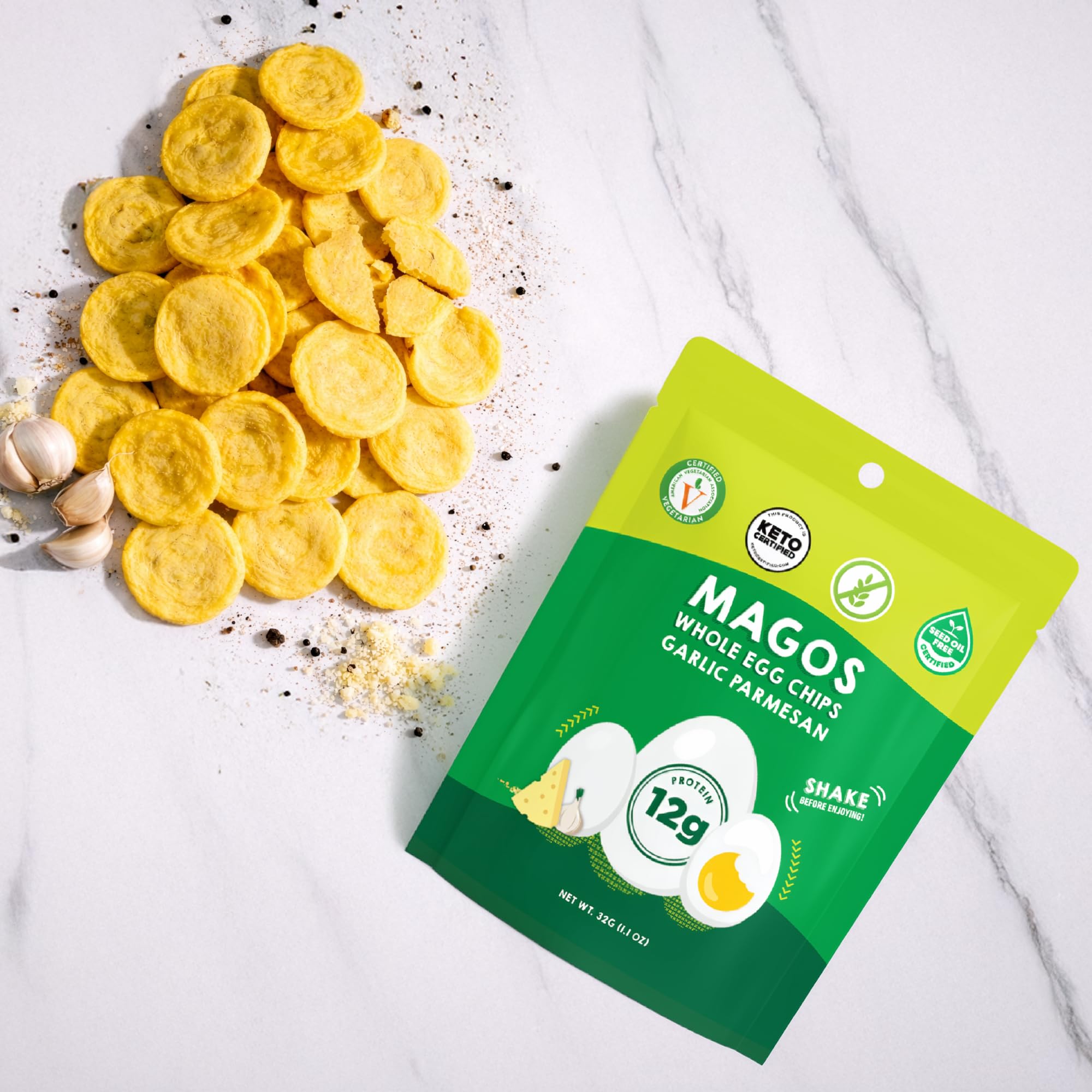 Magos Egg Chips nutrition panel highlights 12g protein per bag.