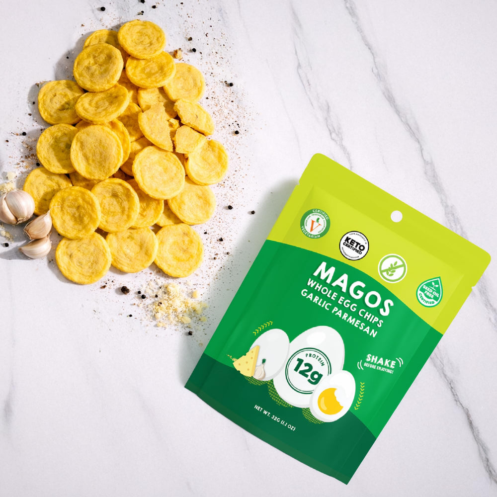 Magos Egg Chips nutrition panel highlights 12g protein per bag.