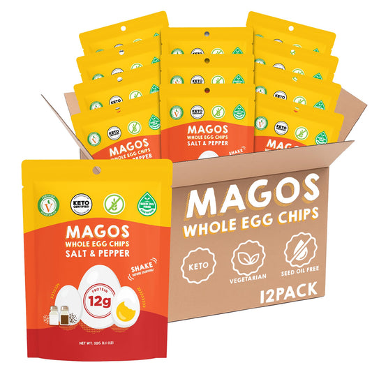 Magos Egg Chips Salt & Pepper bag showing keto-friendly snack