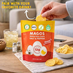 Magos Egg Chips salted-bite close-up showcases savory flavor