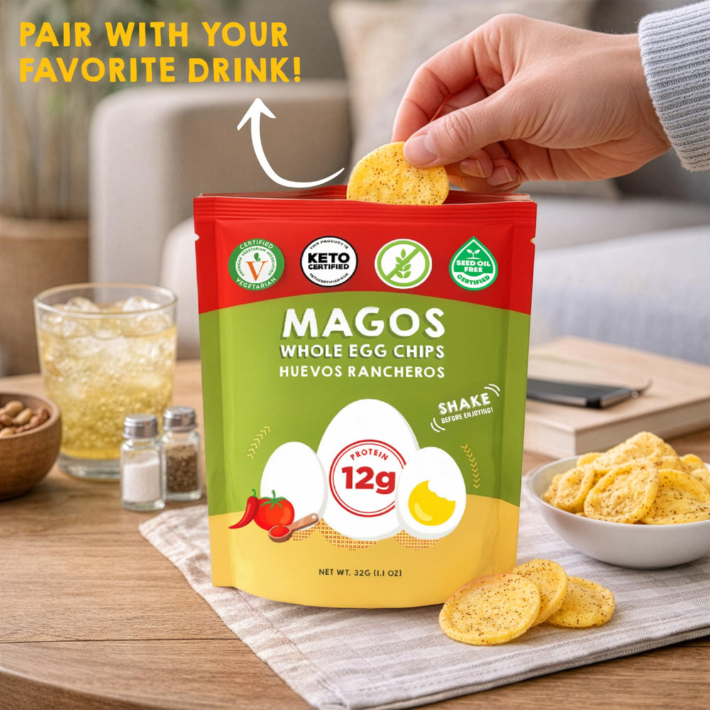 Magos Egg Chips on-the-go snack in gym bag.