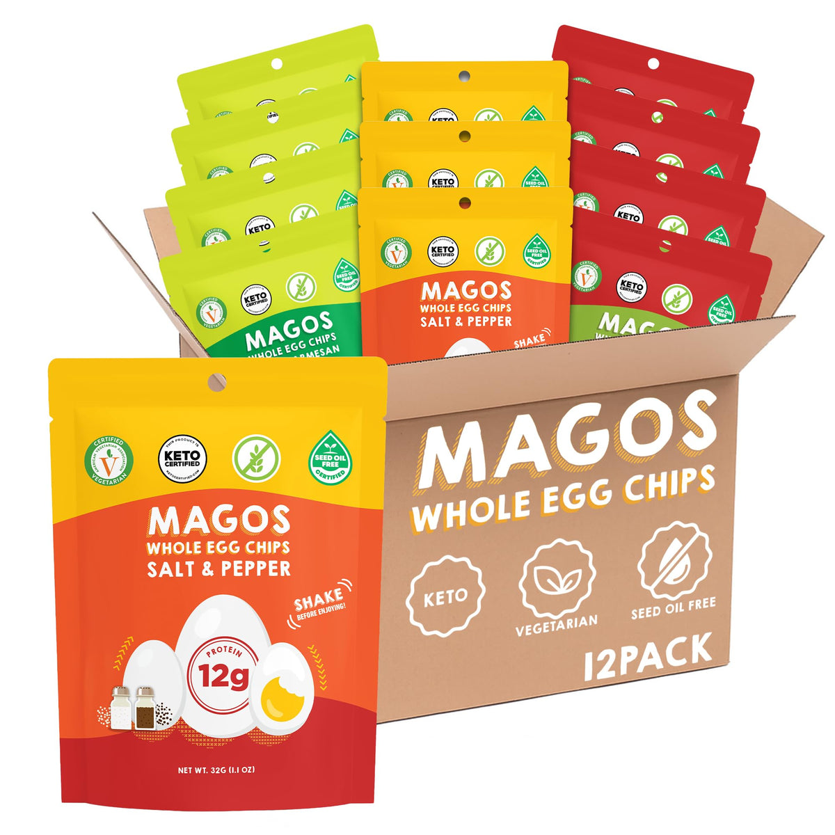 Magos Egg Chips Garlic Parmesan bag with bold flavor for on-the-go snacking.