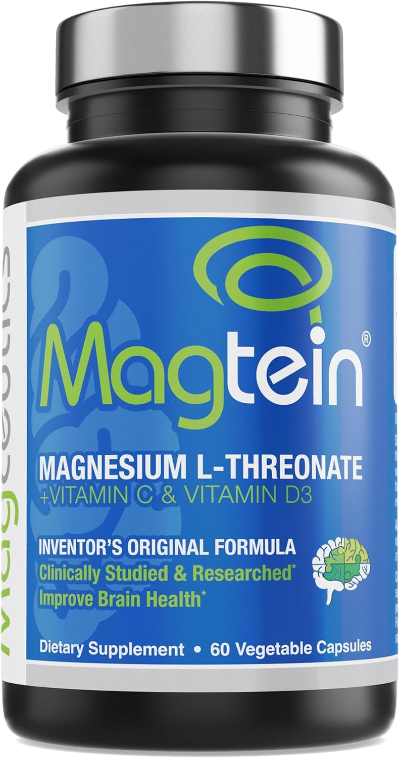 Magtein bottle front view highlighting brain health support for adults