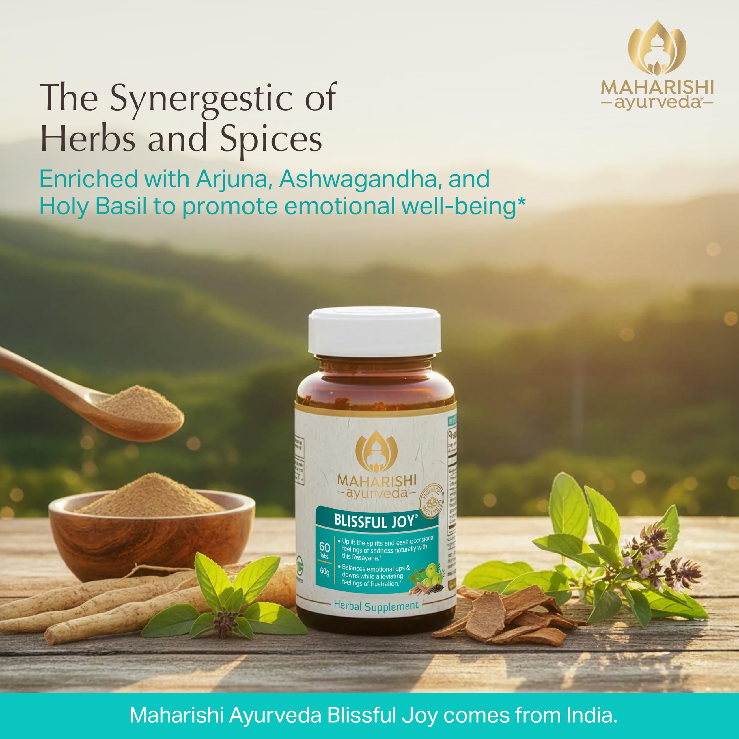 Maharishi Ayurveda Blissful Joy label detail highlights Ashwagandha and Arjuna for balance