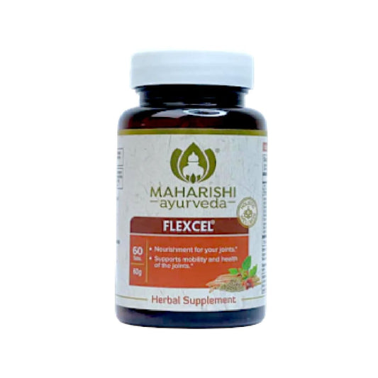 Maharishi Ayurveda Flexcel bottle close-up highlighting a joint-support blend.