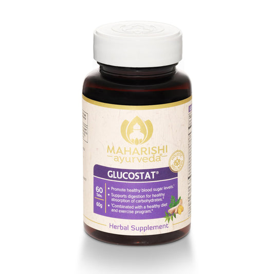 Maharishi Ayurveda Glucostat bottle pour supports balanced glucose metabolism.