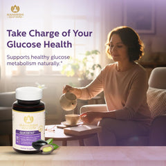 Maharishi Ayurveda Glucostat herbal blend showcases core botanicals with natural potency.