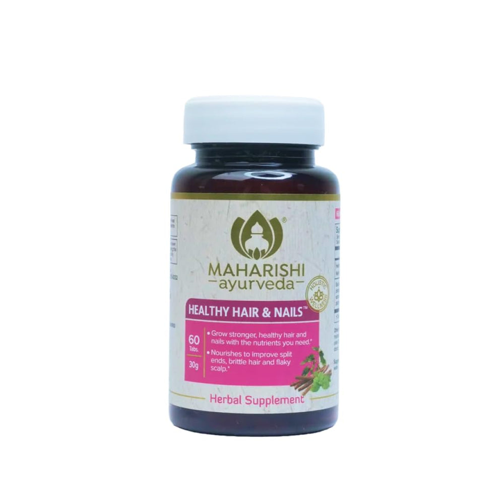 Maharishi Ayurveda Healthy Hair & Nails bottle with capsules for daily vitality support.