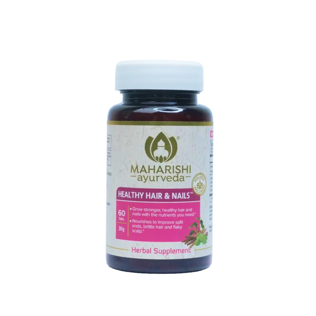 Maharishi Ayurveda Healthy Hair & Nails bottle with capsules for daily vitality support.