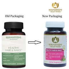 Maharishi Ayurveda Healthy Hair & Nails capsules in blister pack for convenient daily use.