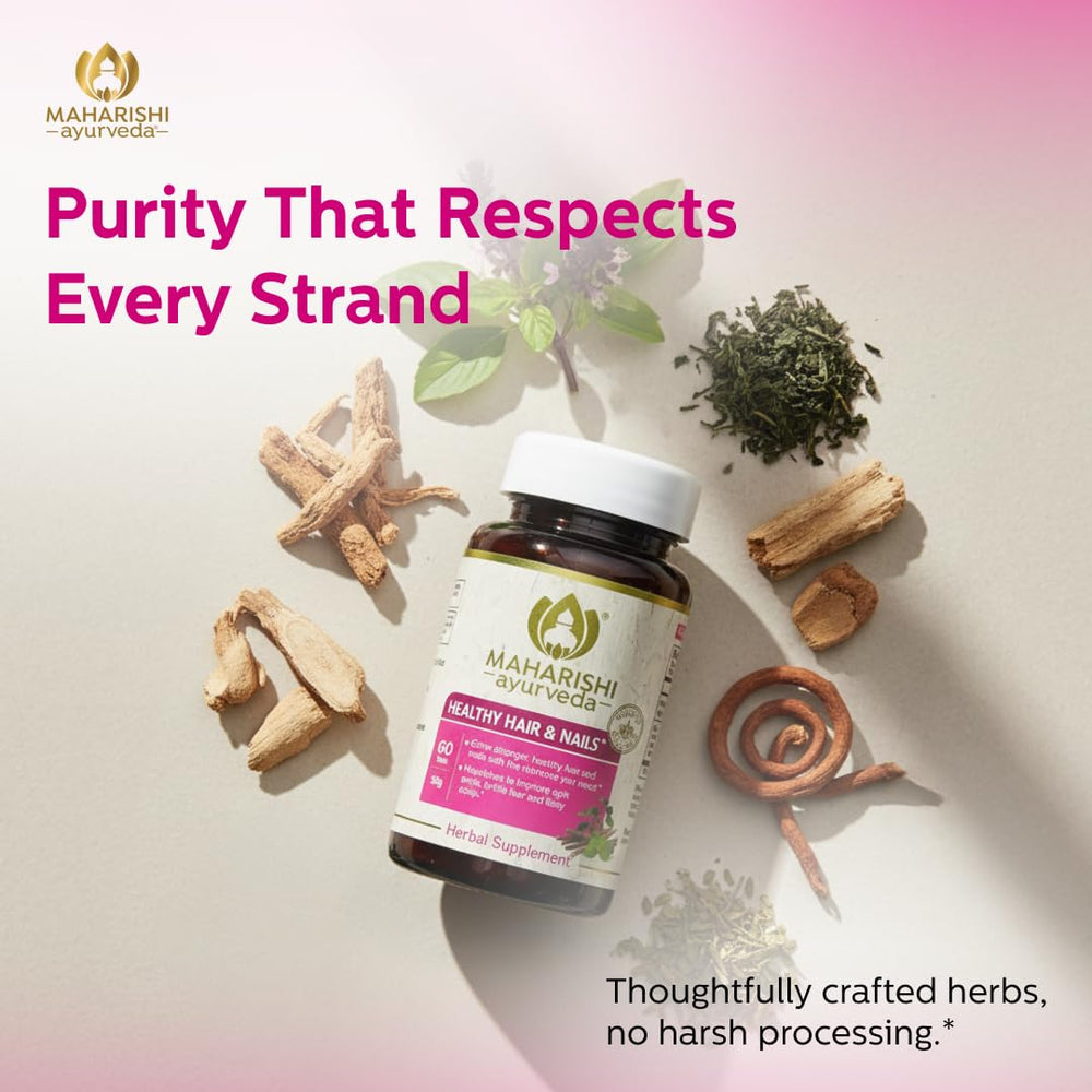 Maharishi Ayurveda Healthy Hair & Nails bottle being poured for easy daily use.