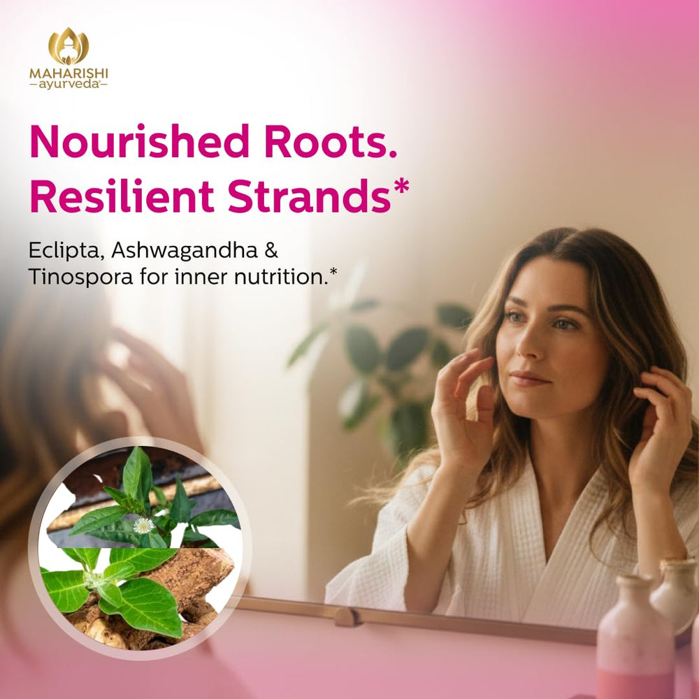 Maharishi Ayurveda Healthy Hair & Nails ingredients close-up highlighting herbs for scalp balance.