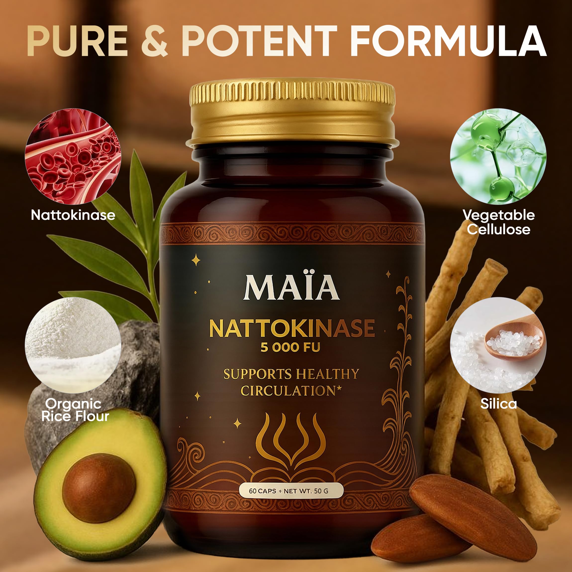 Ingredients panel of Maïa nattokinase highlighting plant-based formula.