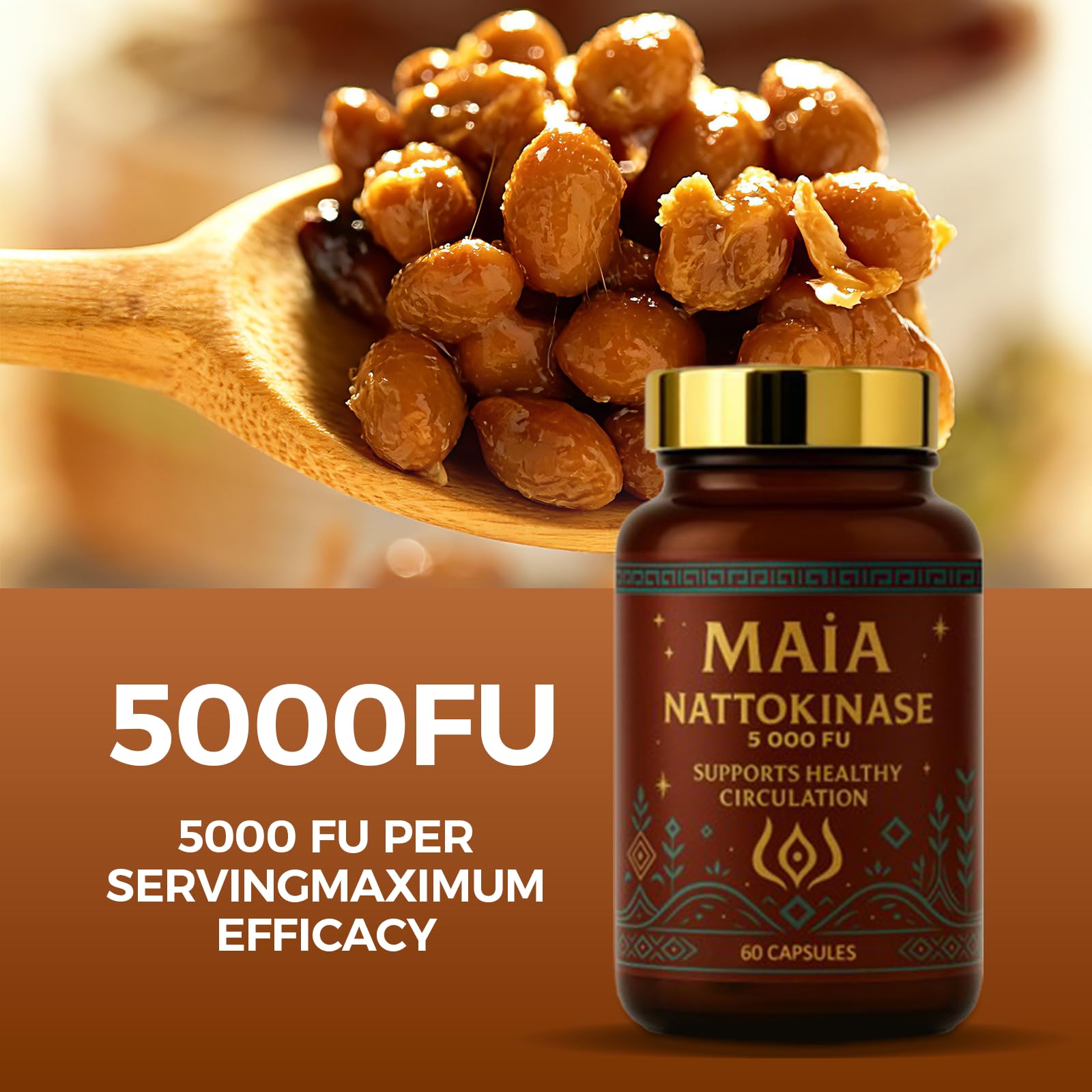 Packaging label of MAÏA nattokinase with non-GMO protein and clean ingredients.
