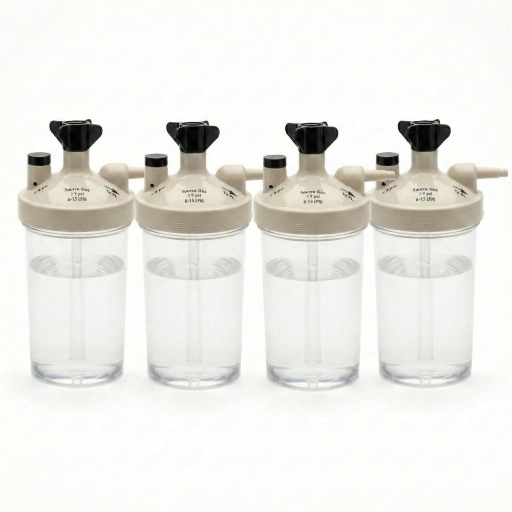 Main Clinic Supply high flow humidifier bottle attached to oxygen concentrator shows smooth moisture delivery