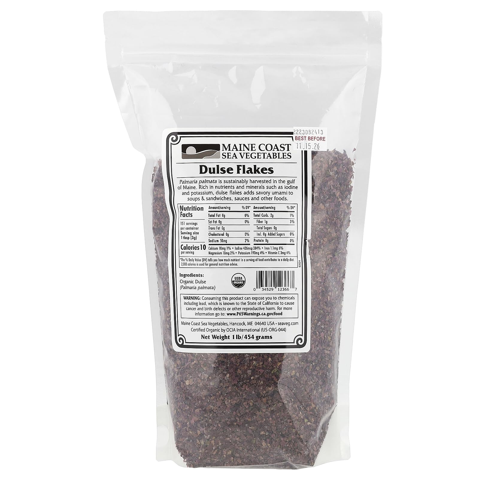 Maine Coast Dulse Flakes jar close-up, ideal for adding savory umami to soups.