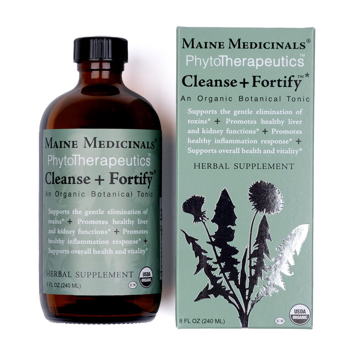 Maine Medicinals Cleanse + Fortify bottle on kitchen counter for gentle toxin elimination support