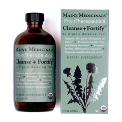 Maine Medicinals Cleanse + Fortify bottle on kitchen counter for gentle toxin elimination support