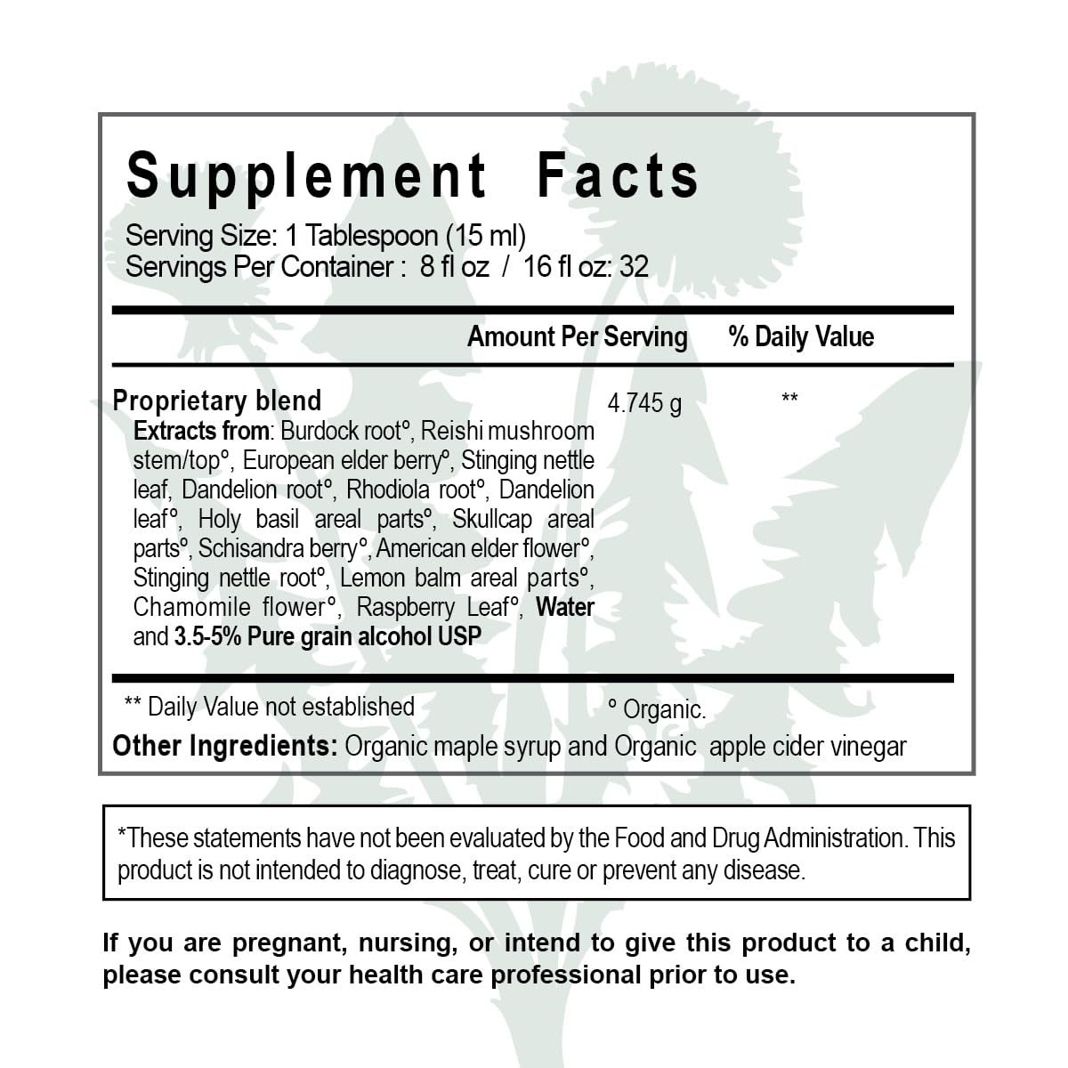 Ingredient snapshot showing dandelion, nettle, burdock and reishi for holistic wellness