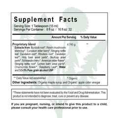 Ingredient snapshot showing dandelion, nettle, burdock and reishi for holistic wellness