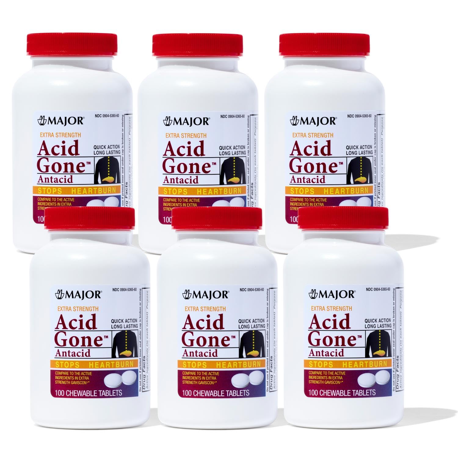 Major Acid Gone extra-strength chewable tablets in blister pack for fast post-meal relief.