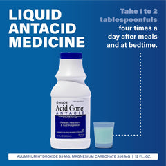 Close-up of Major Acid Gone Liquid label with aluminum hydroxide and magnesium carbonate.