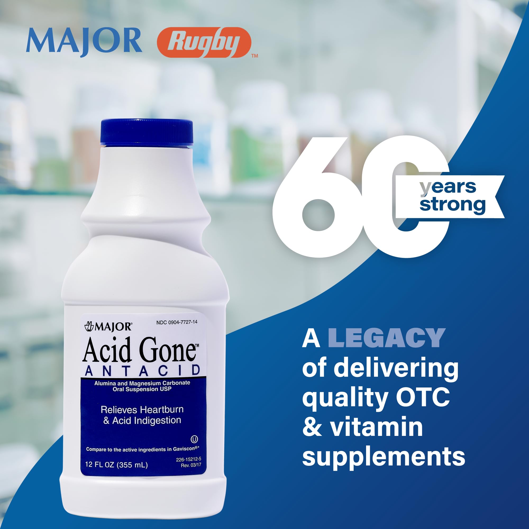Major Acid Gone Liquid being poured for quick upset stomach relief.