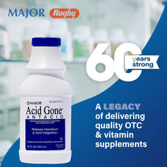 Major Acid Gone Liquid being poured for quick upset stomach relief.