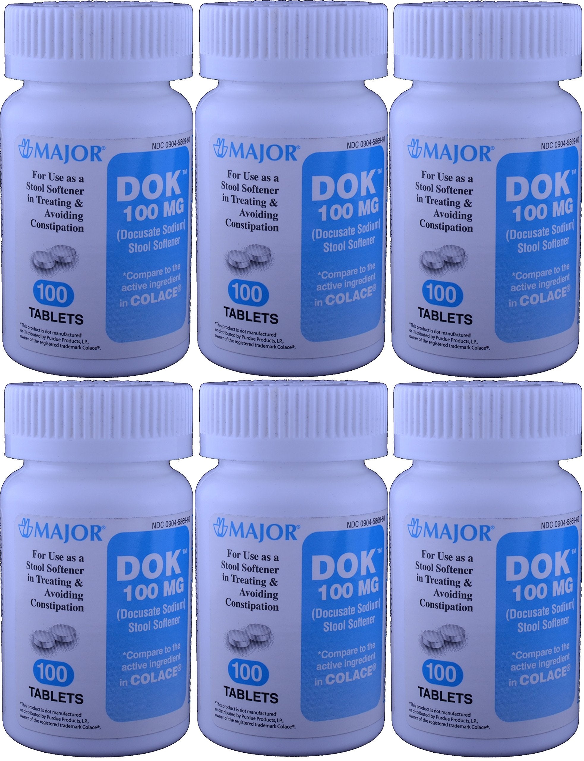 MAJOR Docucate Sodium 100 mg tablets bottle front showing product details and usage idea