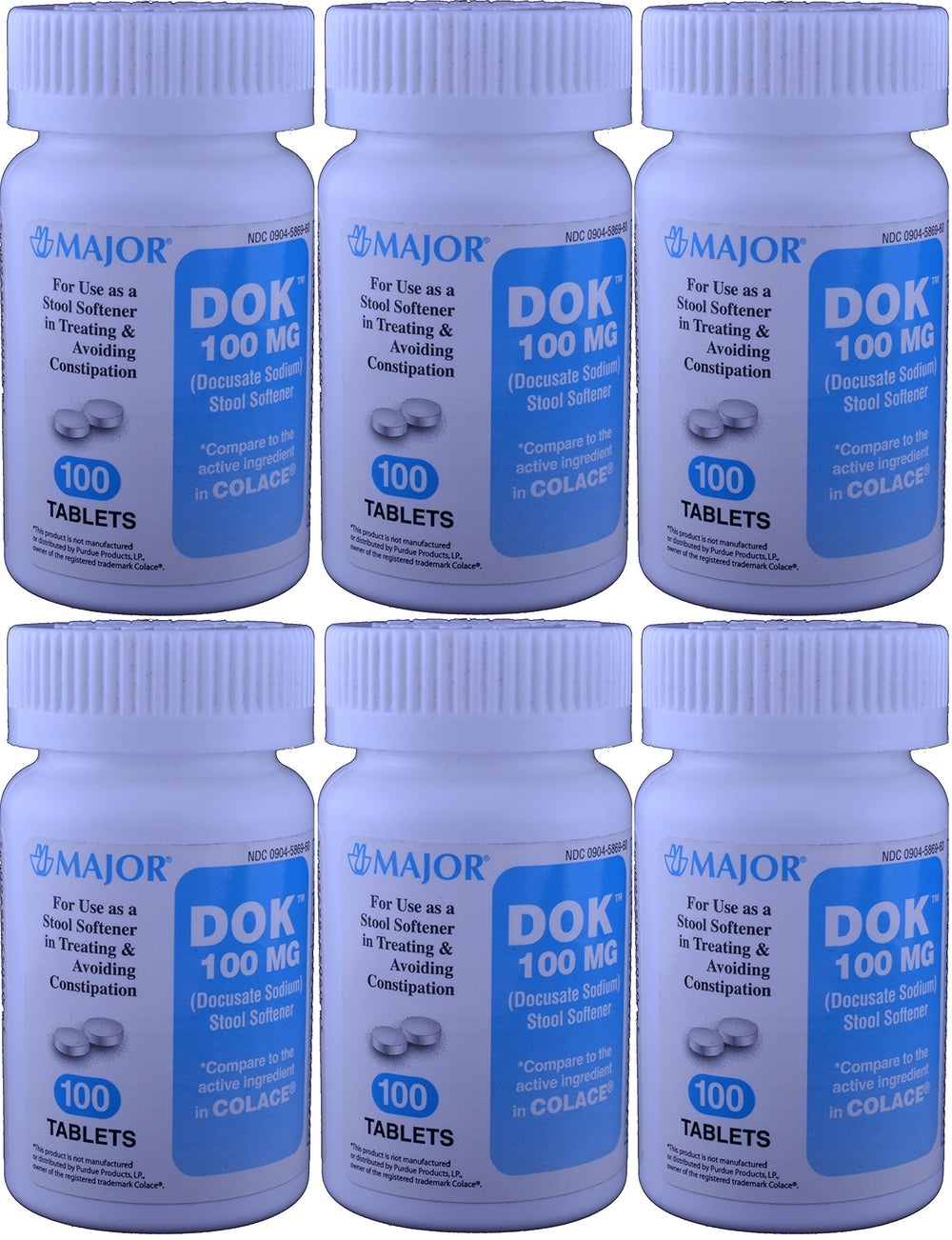 MAJOR Docucate Sodium 100 mg tablets bottle front showing product details and usage idea