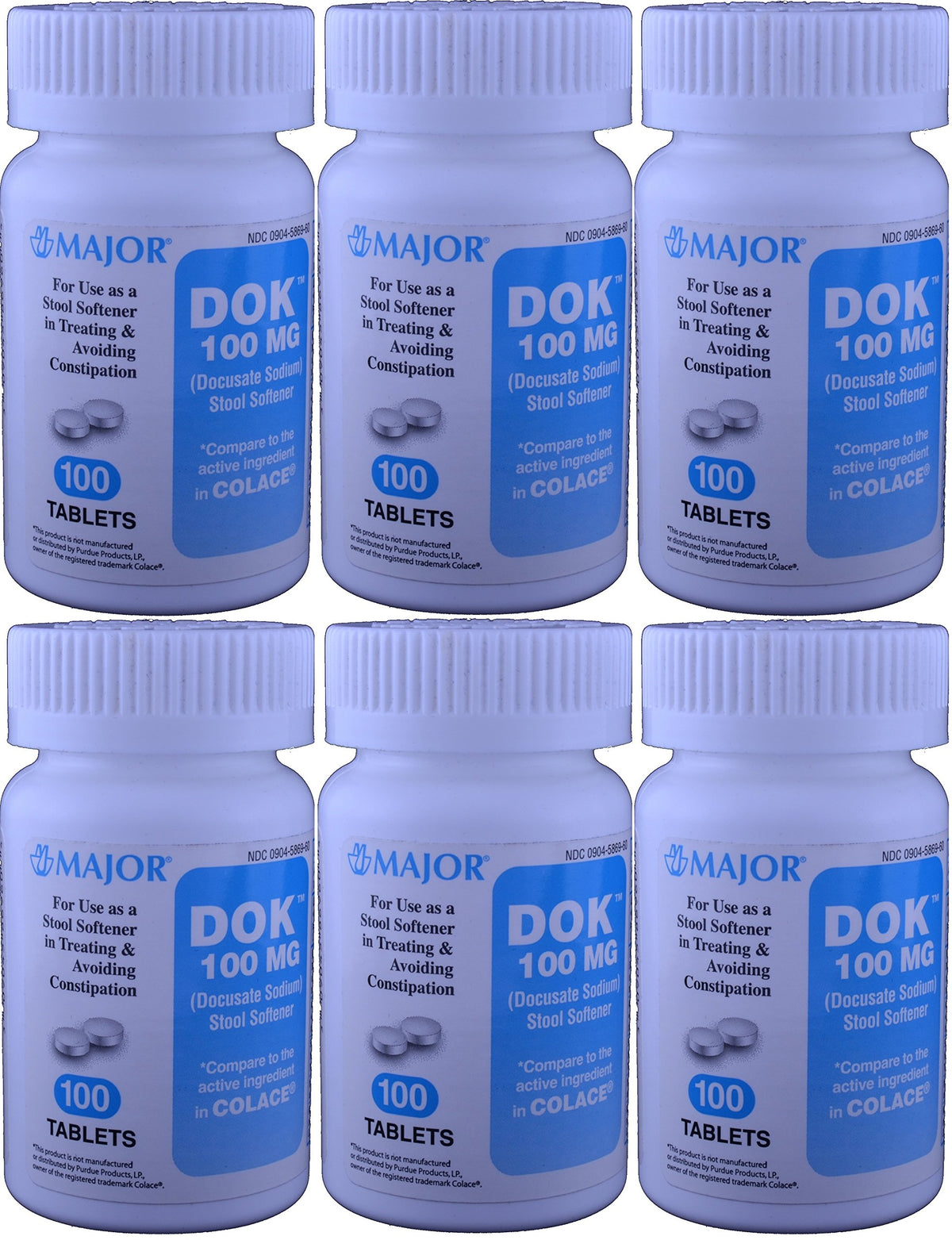 MAJOR Docucate Sodium 100 mg tablets bottle front showing product details and usage idea