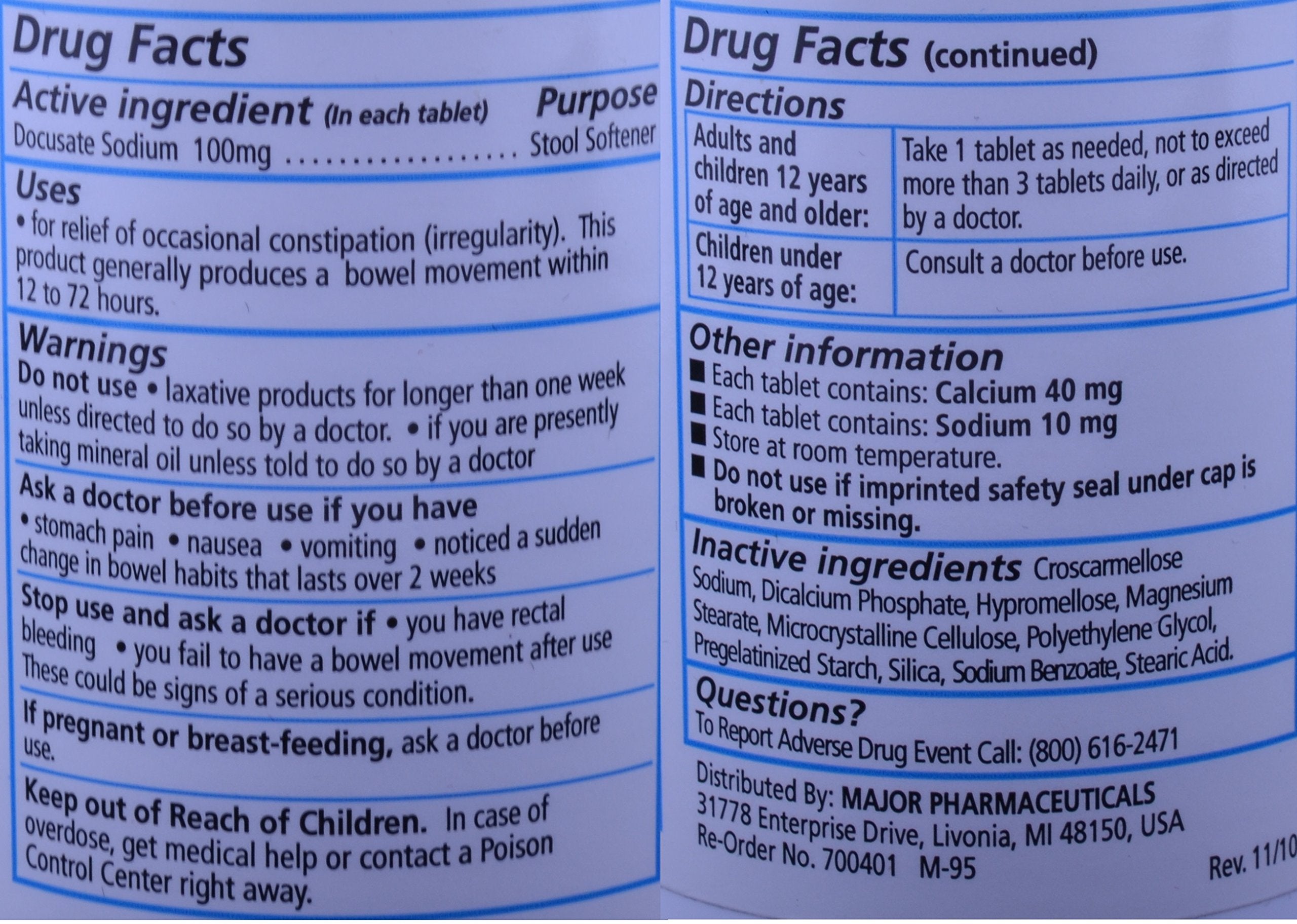 MAJOR Docucate Sodium 100 mg crushable tablets closeup highlighting flexible dosing
