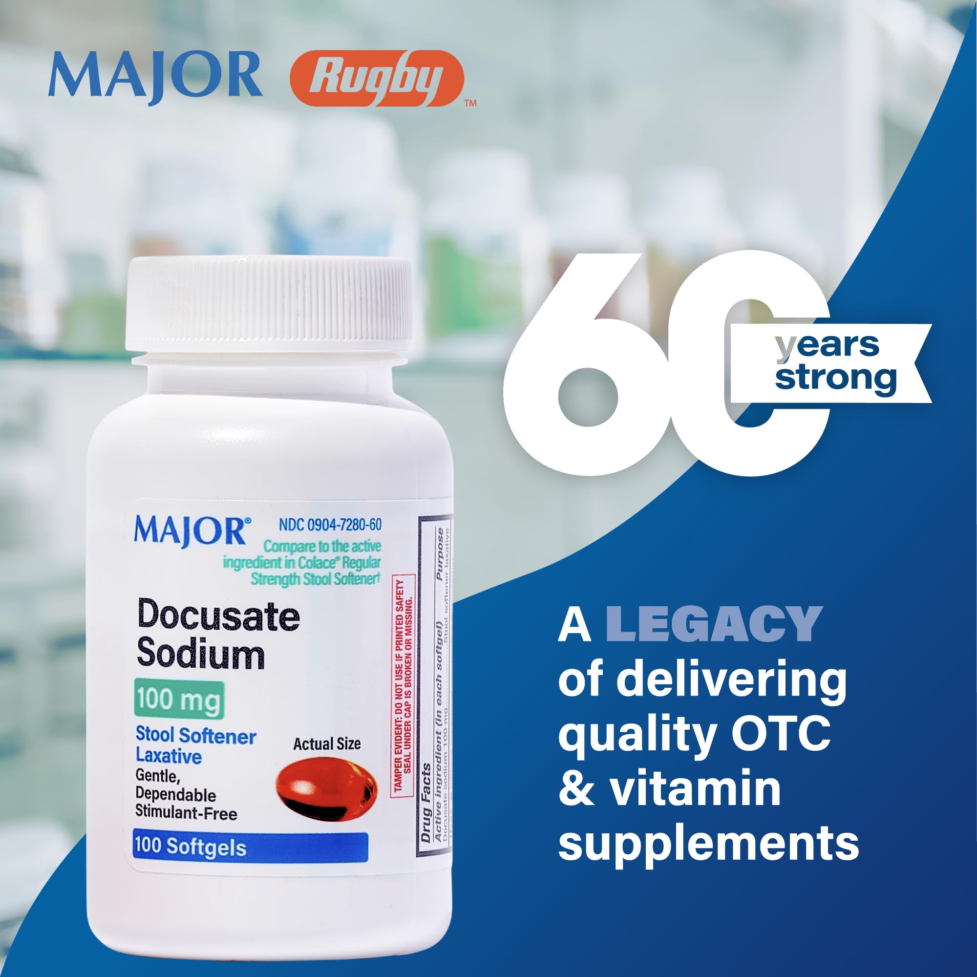 Closeup of MAJOR 100 mg softgels designed for occasional constipation support.