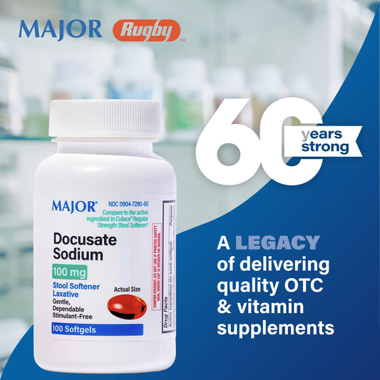 Closeup of MAJOR 100 mg softgels designed for occasional constipation support.