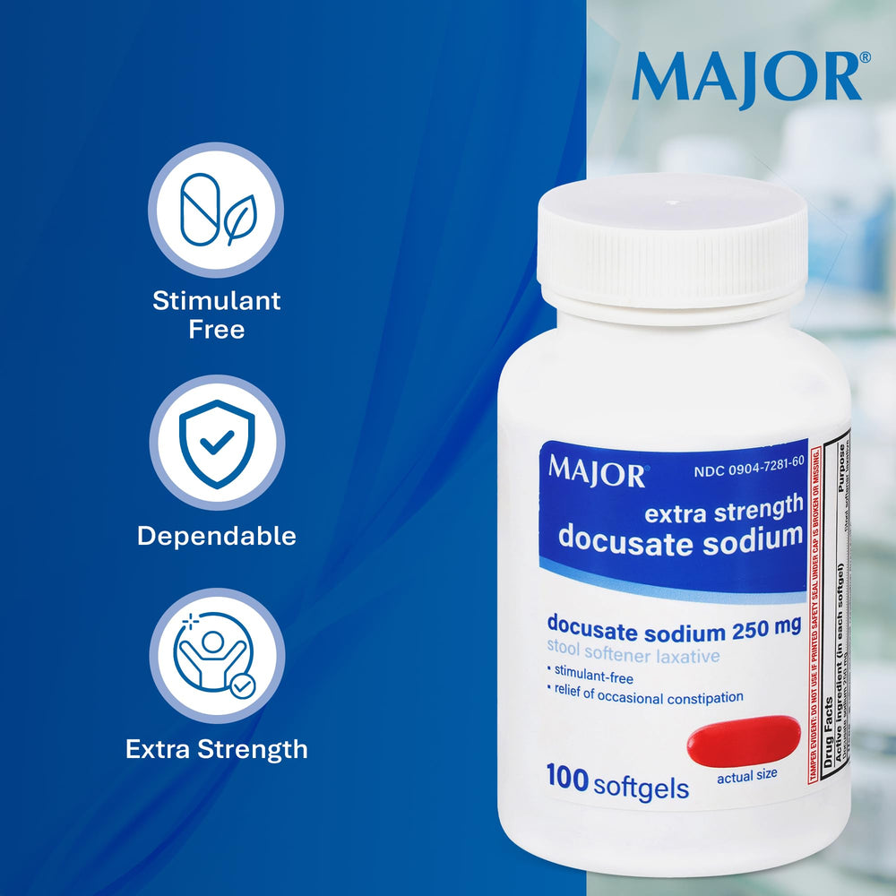 MAJOR Docusate Sodium 250 mg softgels suited for adults and older children for comfortable bowel movements.