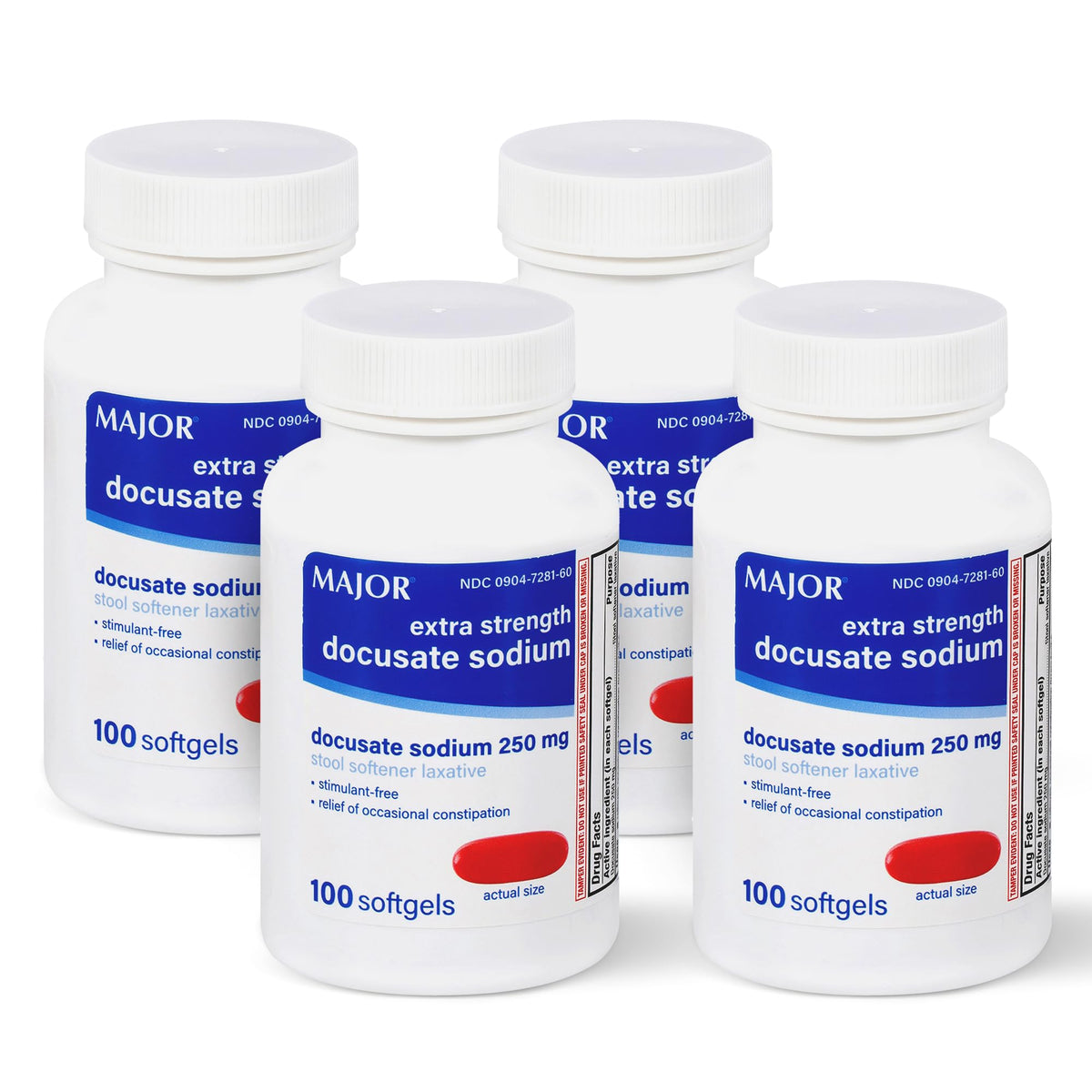 MAJOR Docusate Sodium 250 mg softgels bottle front showing gentle stool softener for relief.