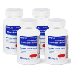 MAJOR Docusate Sodium 250 mg softgels bottle front showing gentle stool softener for relief.
