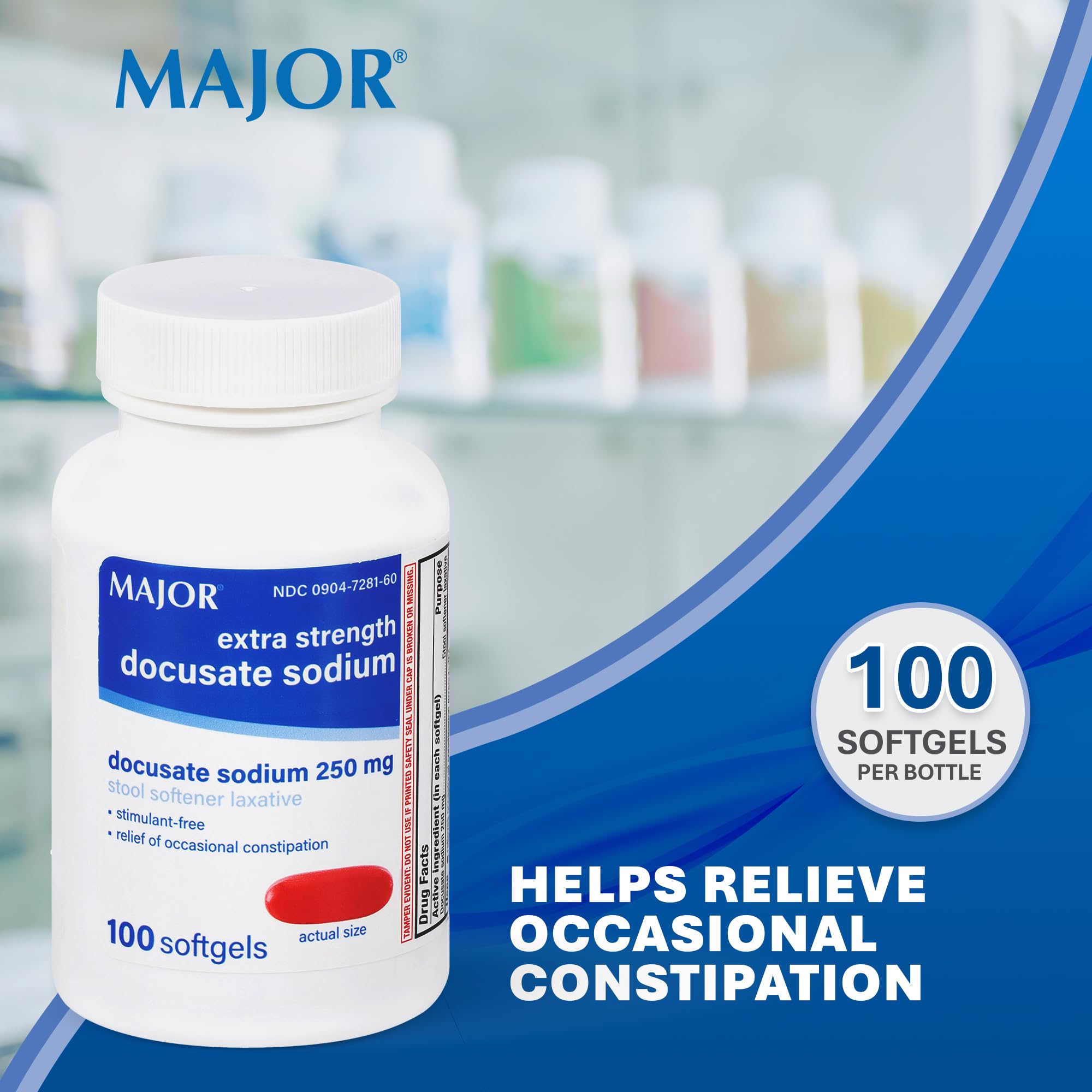 MAJOR Docusate Sodium 250 mg softgels bottle side view demonstrates gentle, non-habit forming constipation support.