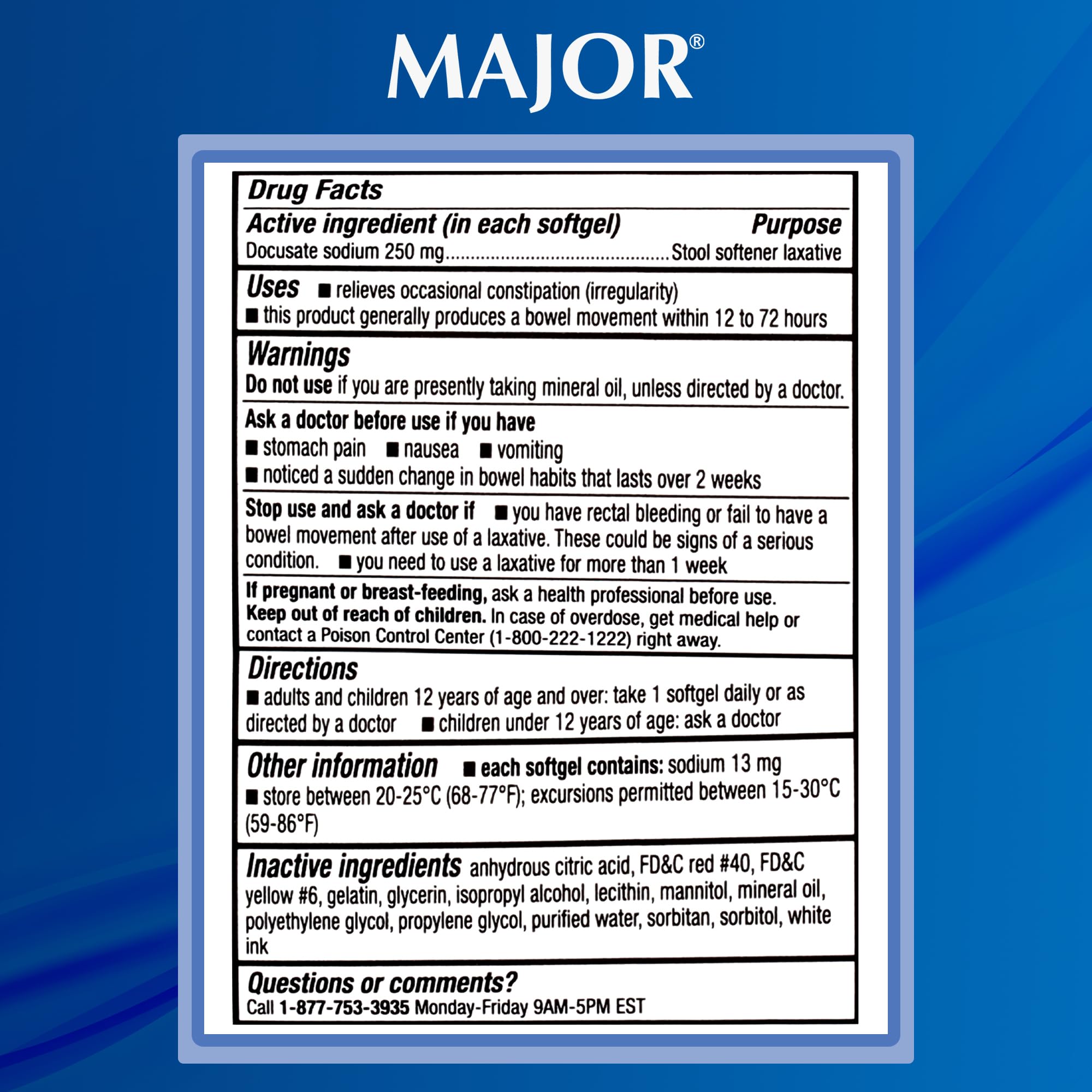 MAJOR Docusate Sodium label close-up highlights gluten-free, sugar-free formula.