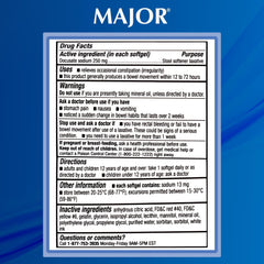 MAJOR Docusate Sodium label close-up highlights gluten-free, sugar-free formula.