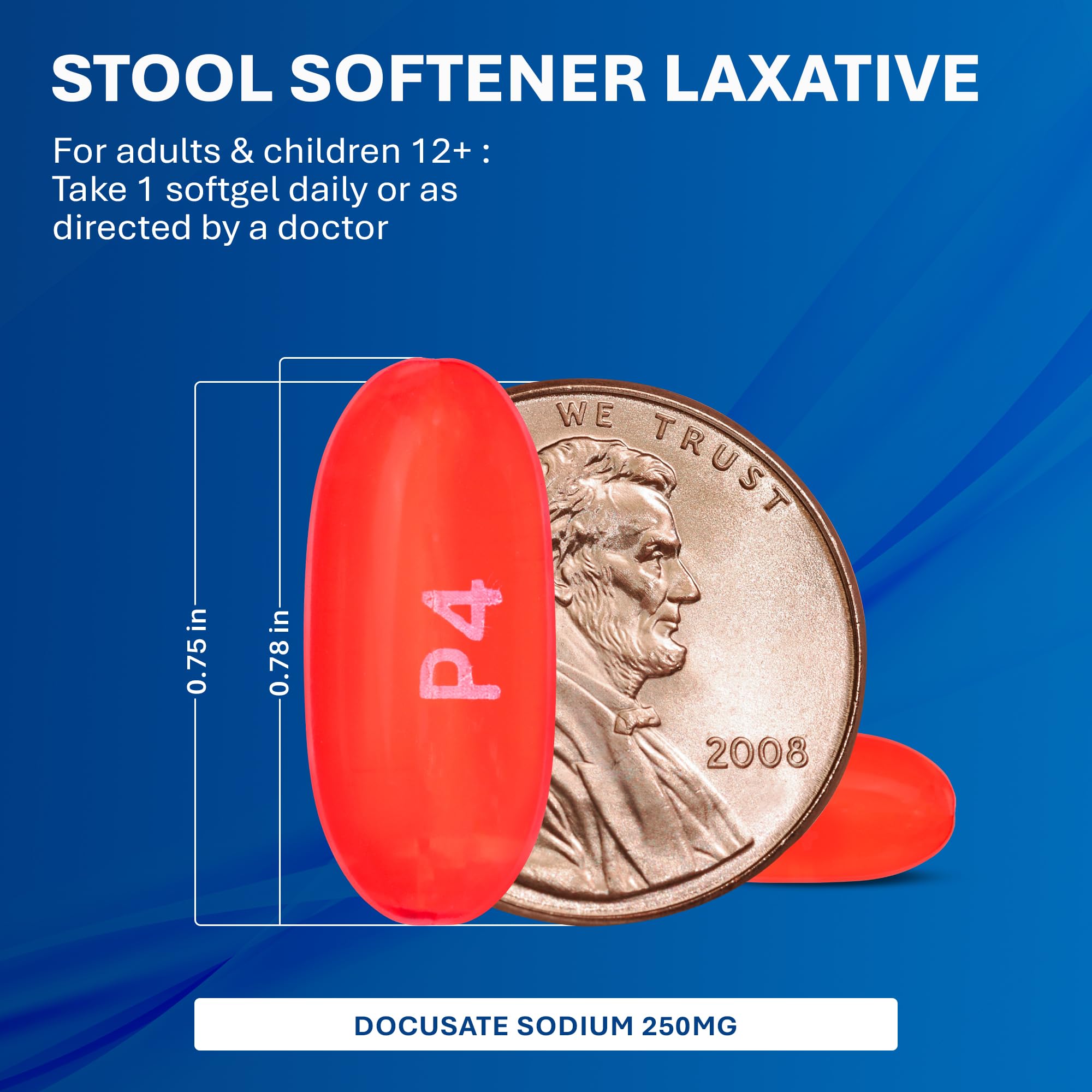 MAJOR Docusate Sodium 250 mg softgels four-pack display for reliable everyday use.