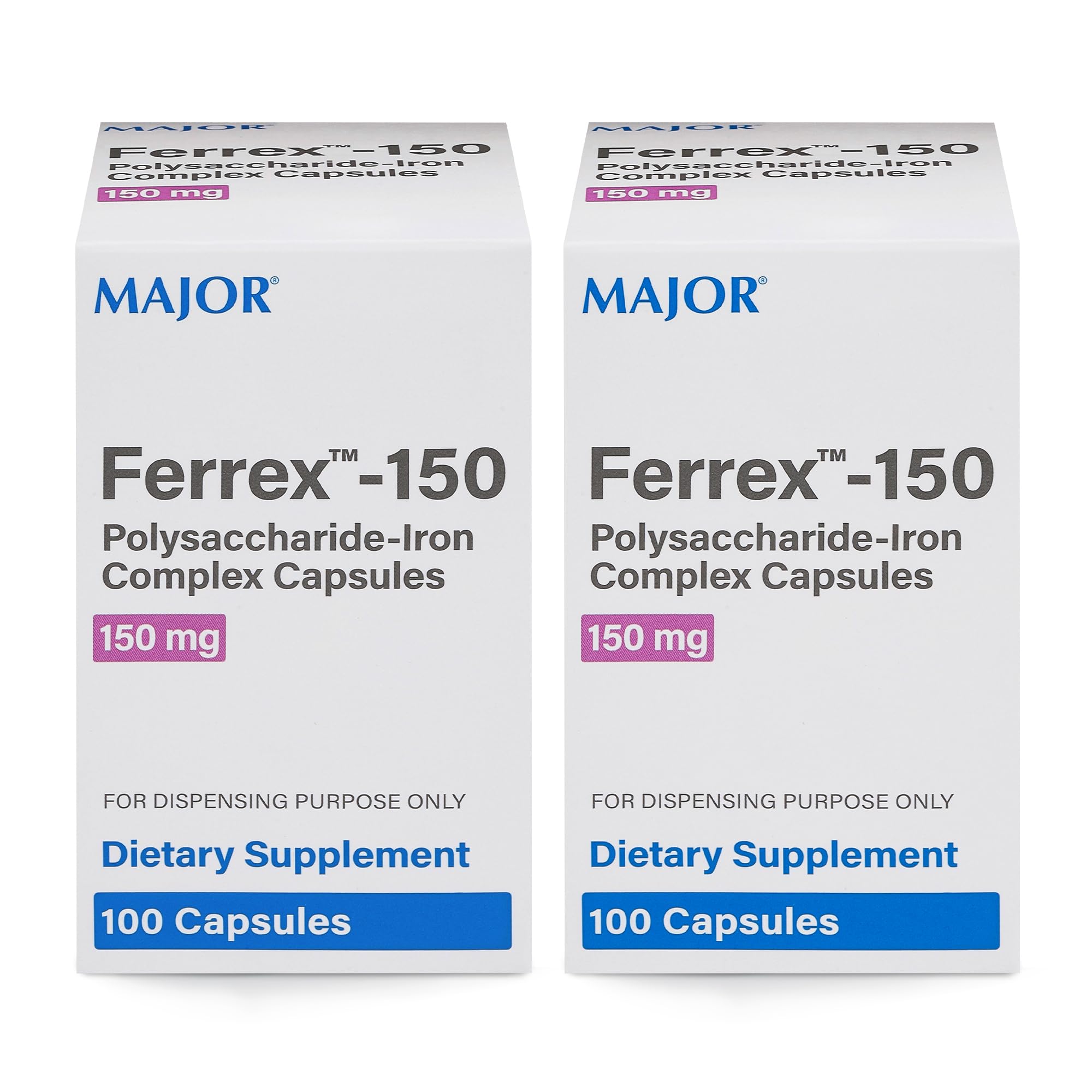 MAJOR Ferrex-150 bottle front with capsules for daily iron support